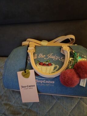 Juicy Couture "Spill The Tea" Denim Satchel Bag with Pink Pom-Pom